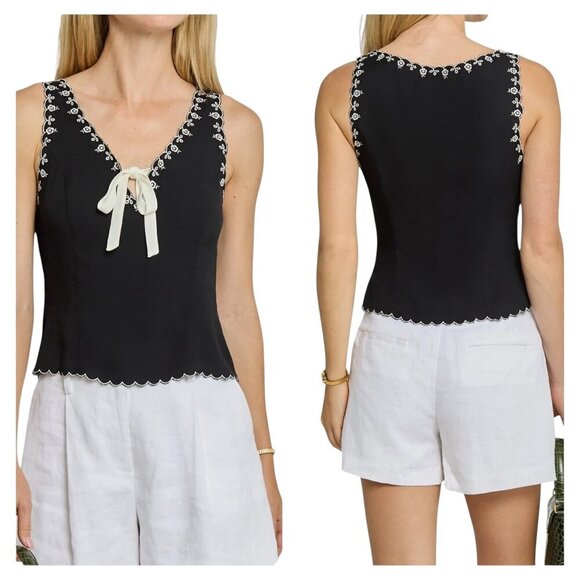 Kourt Leni Black Embroidered Tie Front Tank Top Size 4 - Picture 1 of 6